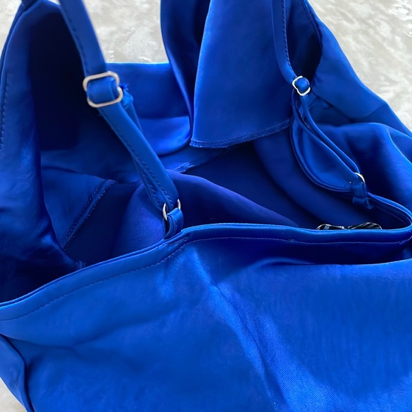 NWT Blue satin camisole heavy quality cowl neck fitted waisted stunning navy - Picture 6 of 9